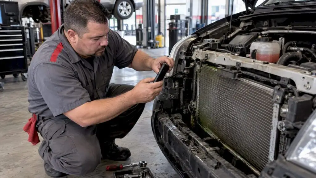 Technician photographing a radiator leak