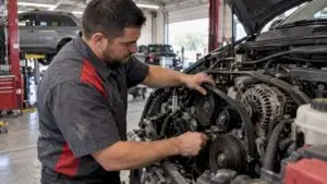 Technician replacing serpentine belt in service bay