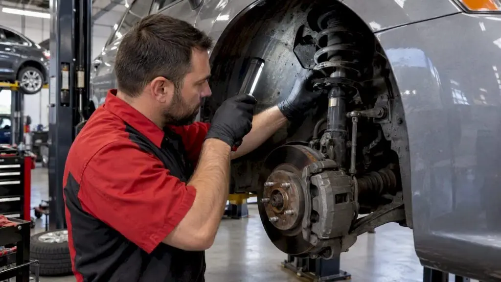 Technician inspecting a car suspension in service bay