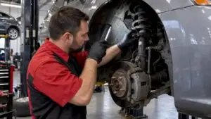 Technician inspecting a car suspension in service bay