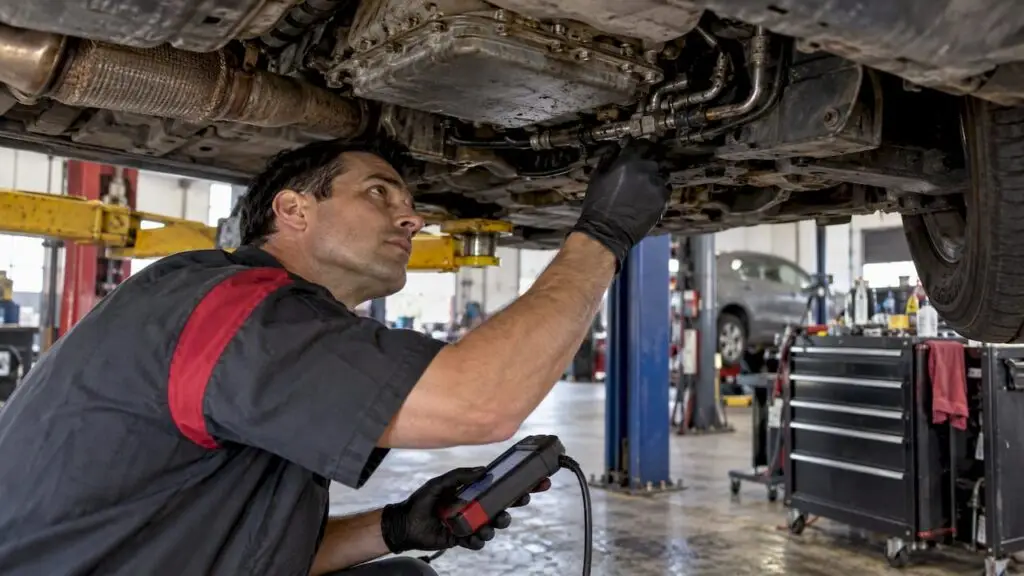 Technician inspecting a car transmission on a lift