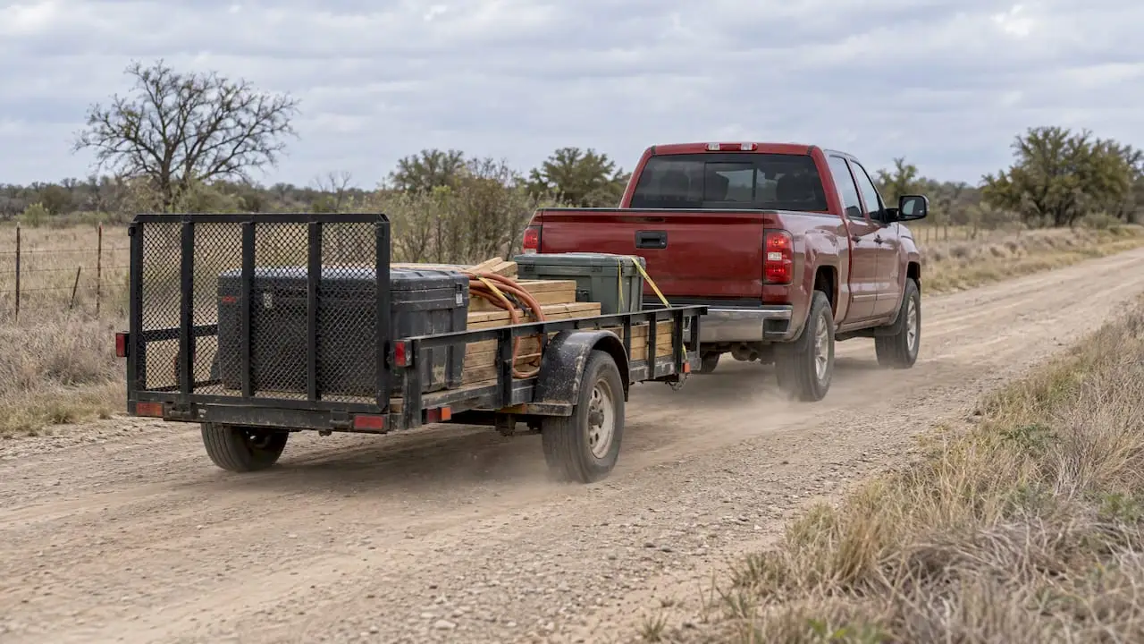 Pickup towing a loaded trailer on a dusty road