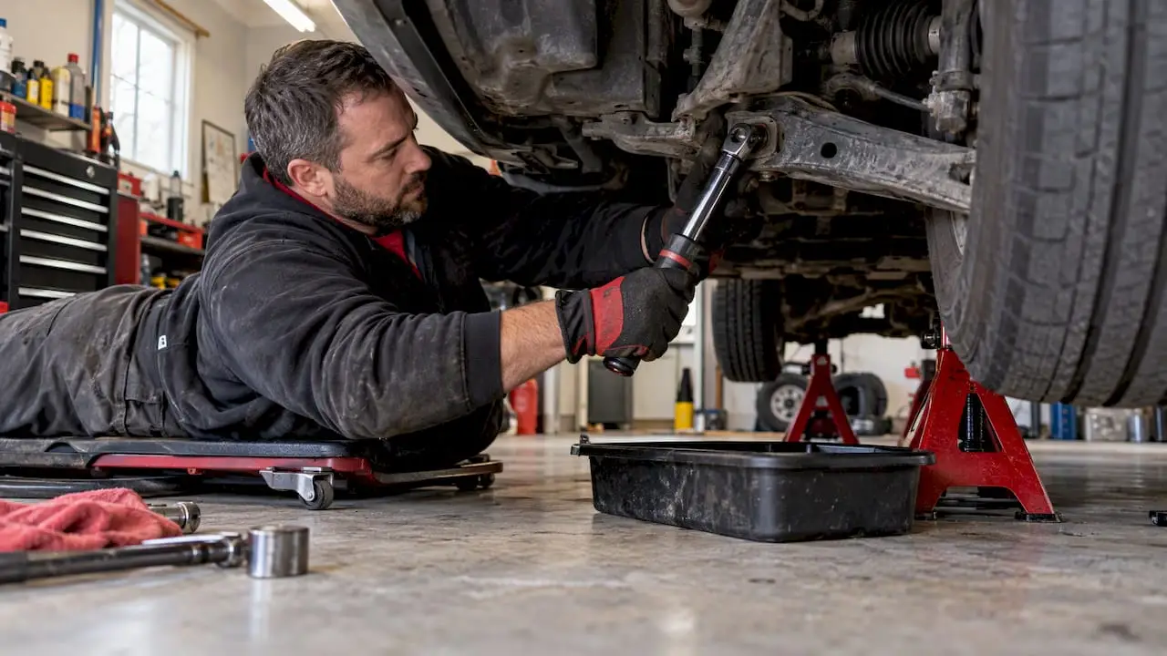 DIY mechanic torques a control arm mounting bolt