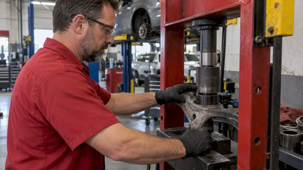 Technician presses a control arm bushing