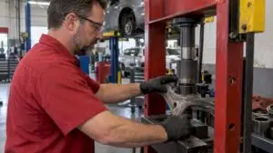 Technician presses a control arm bushing