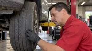 Technician inspecting uneven tire tread