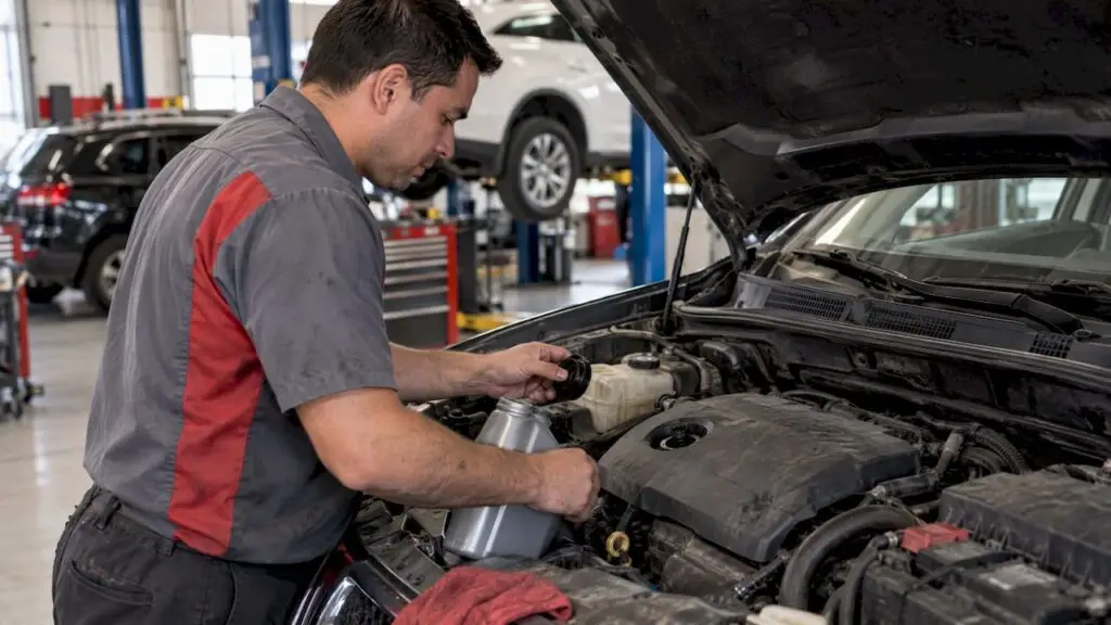 Technician topping off engine oil in a service bay