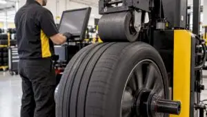Balancing machine roller testing a tire