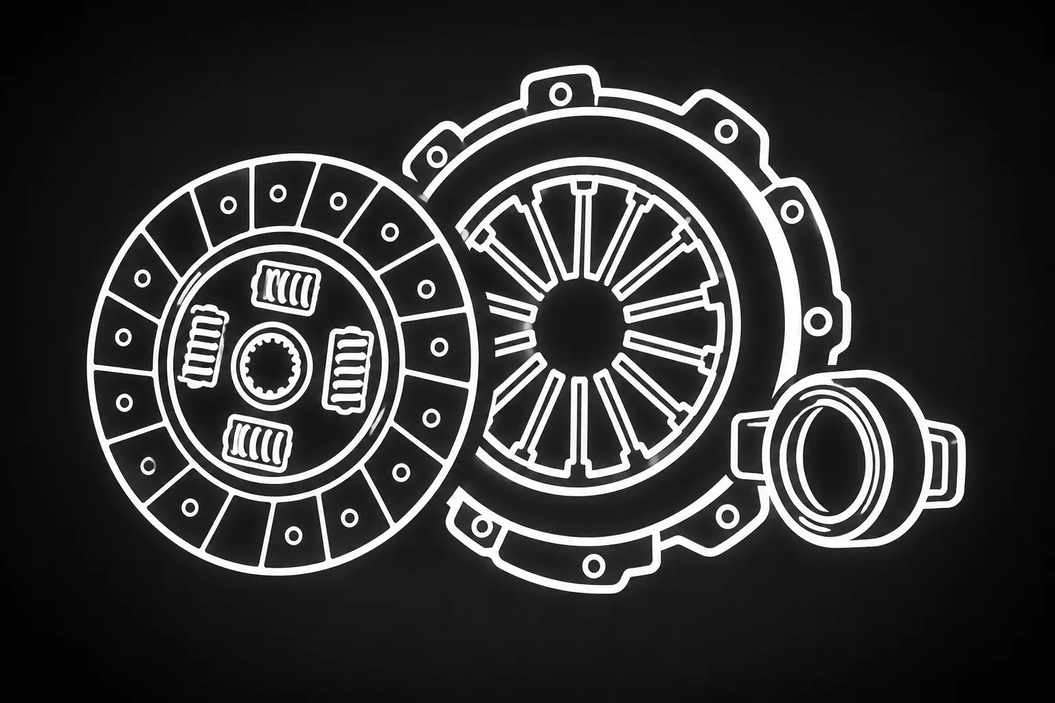 Automotive clutch disc, pressure plate, and release bearing illustration representing manual transmission clutch repair and replacement in Plano, TX