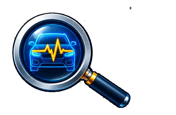 Magnifying glass over car with orange diagnostic waveform