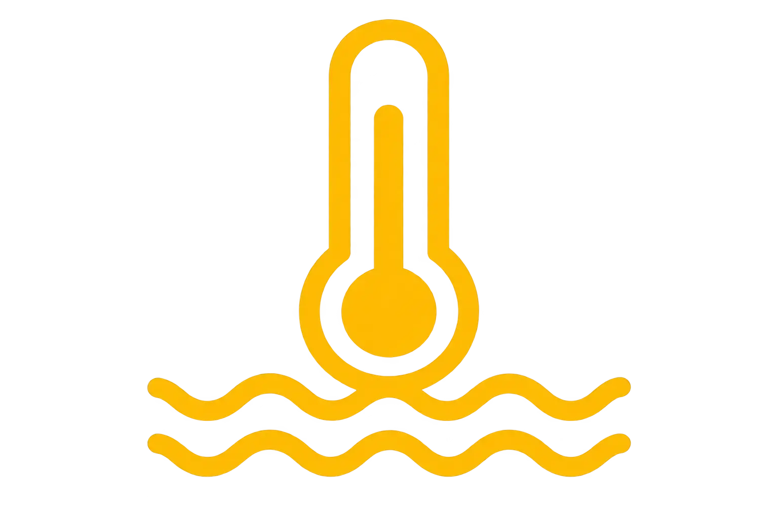 Yellow thermometer icon above stylized water waves