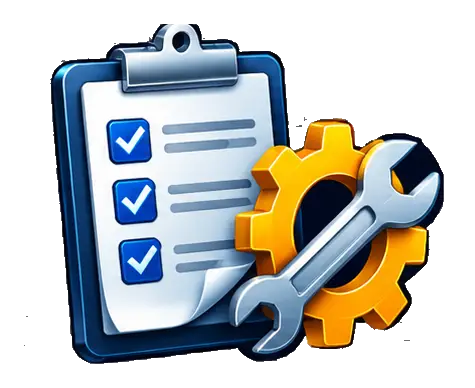Checklist clipboard with wrench and gear icon