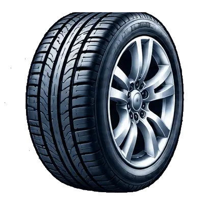 Black car tire with silver alloy wheel